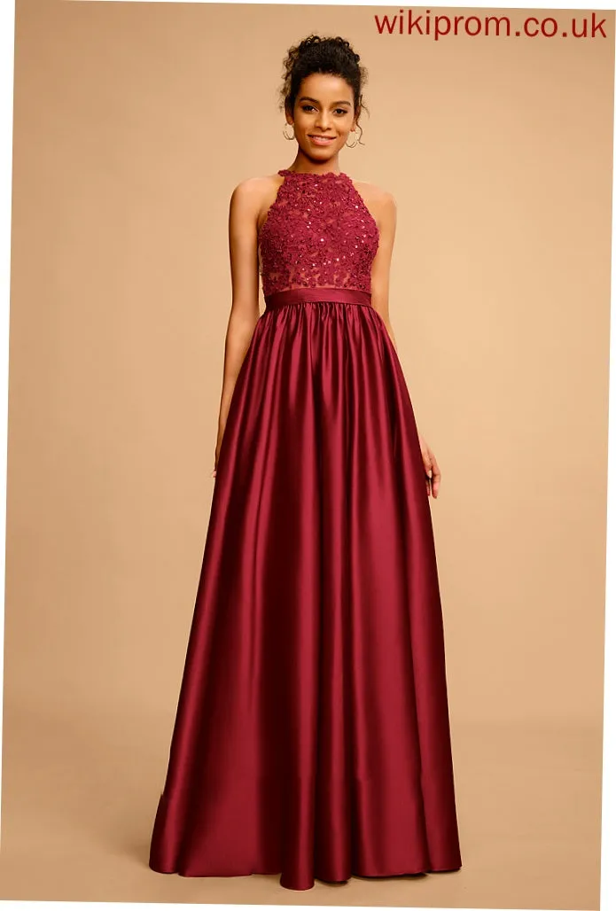Marian Prom Dresses Halter Satin Floor-Length With Sequins Ball-Gown/Princess