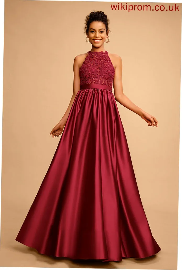 Marian Prom Dresses Halter Satin Floor-Length With Sequins Ball-Gown/Princess