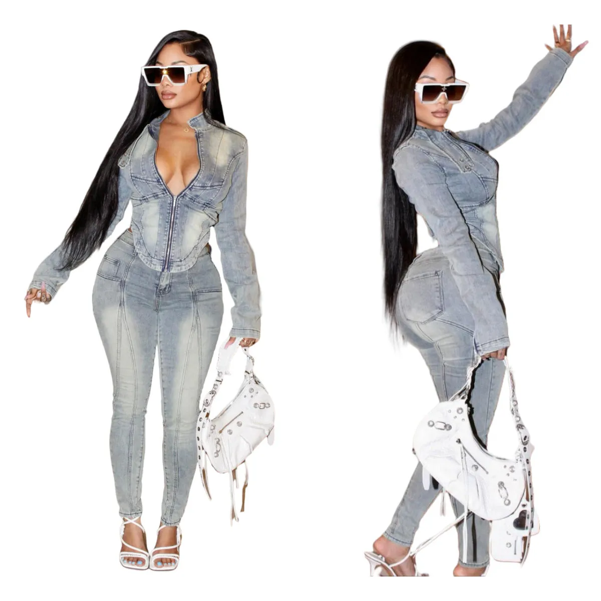 MB FASHION Fitted Denim Jacket and High-Waisted Skinny Jeans Set 8595LY