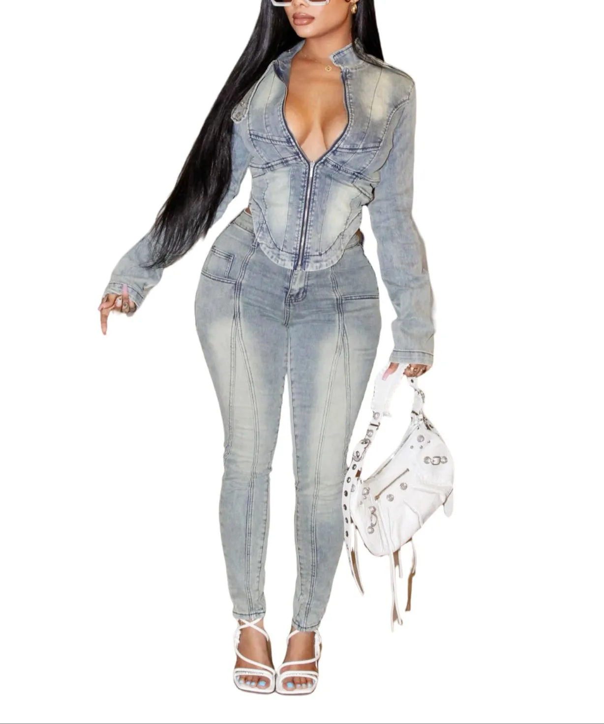 MB FASHION Fitted Denim Jacket and High-Waisted Skinny Jeans Set 8595LY