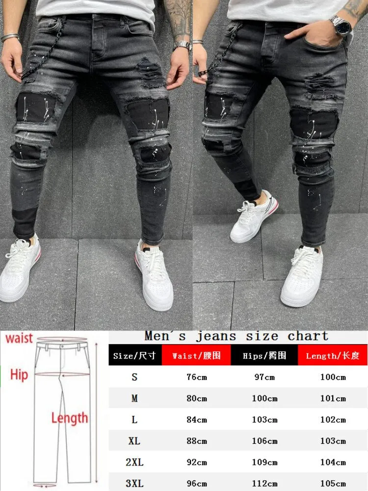 Men Ripped Skinny Jeans Biker High Quality Black Distressed Slim-Fit Pencil Pants Locomotive Zipper Denim Pants Hip Hop Trousers