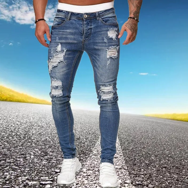 Mens Ripped Skinny Jeans Blue Slim Fit Hole Pencil Pants Biker Casual Trousers Streetwear High Quality Denim Man Clothing