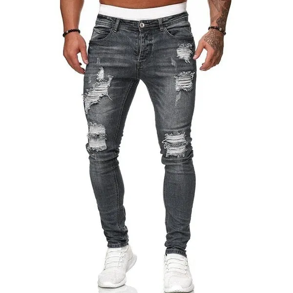 Mens Ripped Skinny Jeans Blue Slim Fit Hole Pencil Pants Biker Casual Trousers Streetwear High Quality Denim Man Clothing