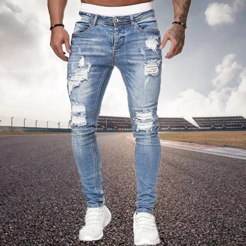 Mens Ripped Skinny Jeans Blue Slim Fit Hole Pencil Pants Biker Casual Trousers Streetwear High Quality Denim Man Clothing