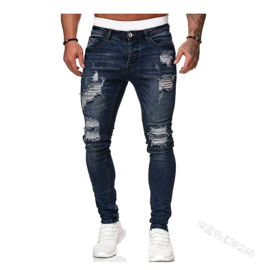 Mens Ripped Skinny Jeans Blue Slim Fit Hole Pencil Pants Biker Casual Trousers Streetwear High Quality Denim Man Clothing