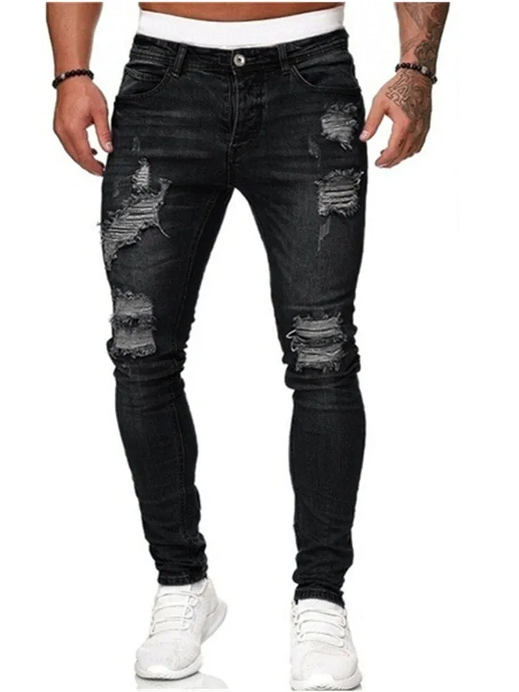 Mens Ripped Skinny Jeans Blue Slim Fit Hole Pencil Pants Biker Casual Trousers Streetwear High Quality Denim Man Clothing