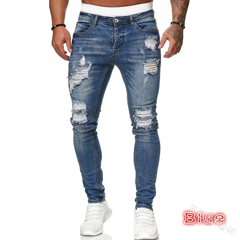 Mens Ripped Skinny Jeans Blue Slim Fit Hole Pencil Pants Biker Casual Trousers Streetwear High Quality Denim Man Clothing