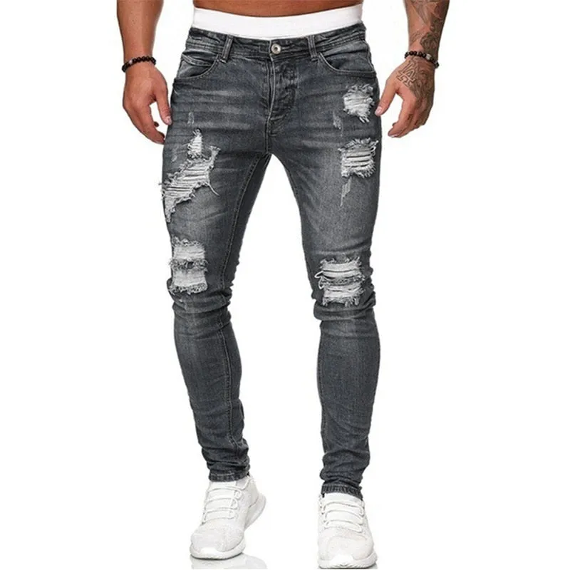 Mens Ripped Skinny Jeans Blue Slim Fit Hole Pencil Pants Biker Casual Trousers Streetwear High Quality Denim Man Clothing