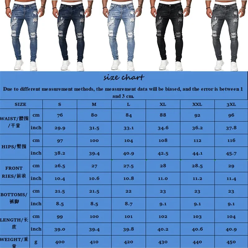 Mens Ripped Skinny Jeans Blue Slim Fit Hole Pencil Pants Biker Casual Trousers Streetwear High Quality Denim Man Clothing