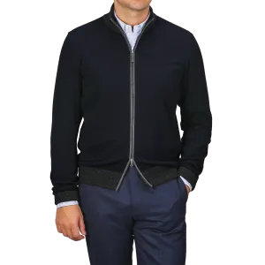 Navy Blue Wool Cashmere Zip Cardigan