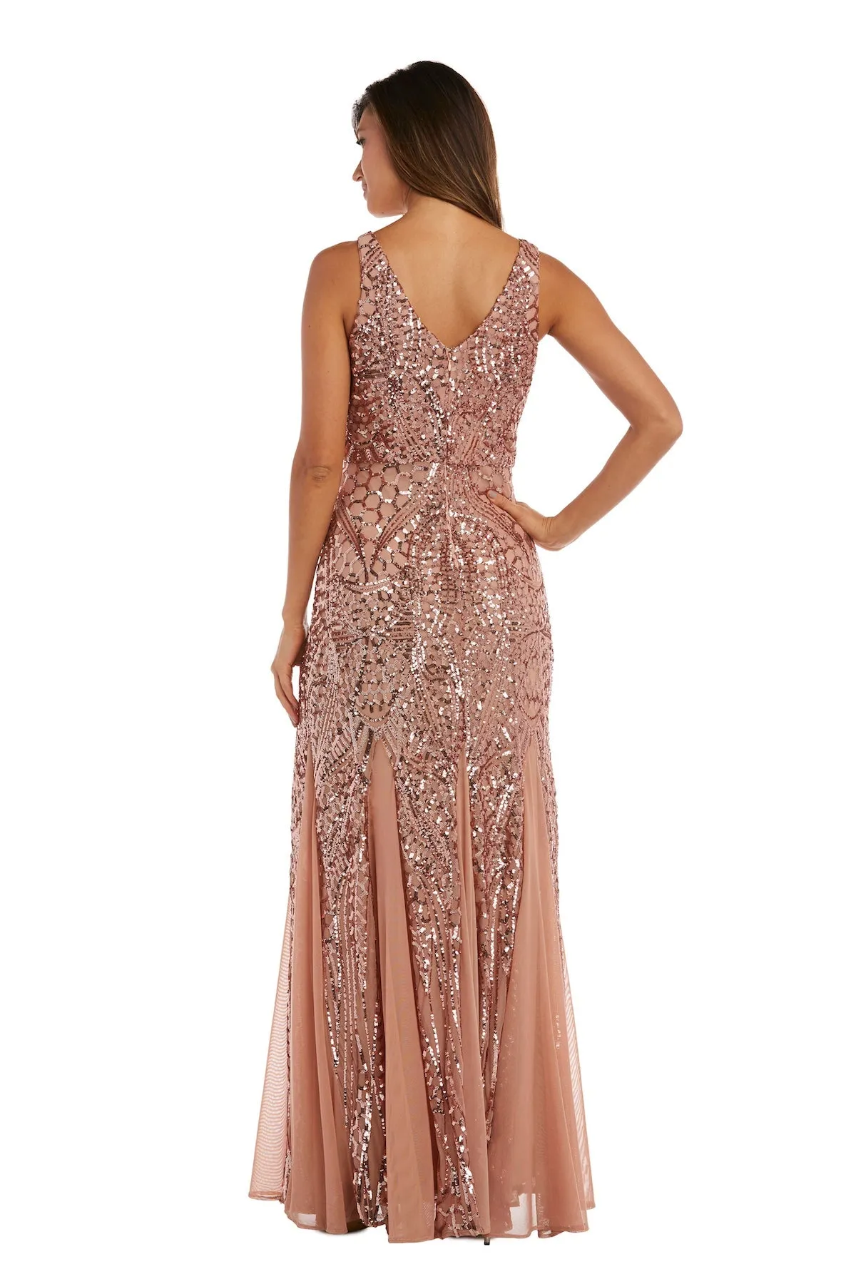 Nightway Sleeveless  Sequin V-neck  Embellished Dress with Godet Pleats