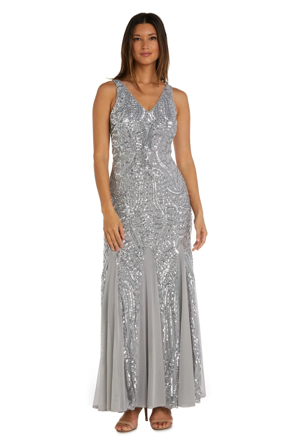 Nightway Sleeveless  Sequin V-neck  Embellished Dress with Godet Pleats