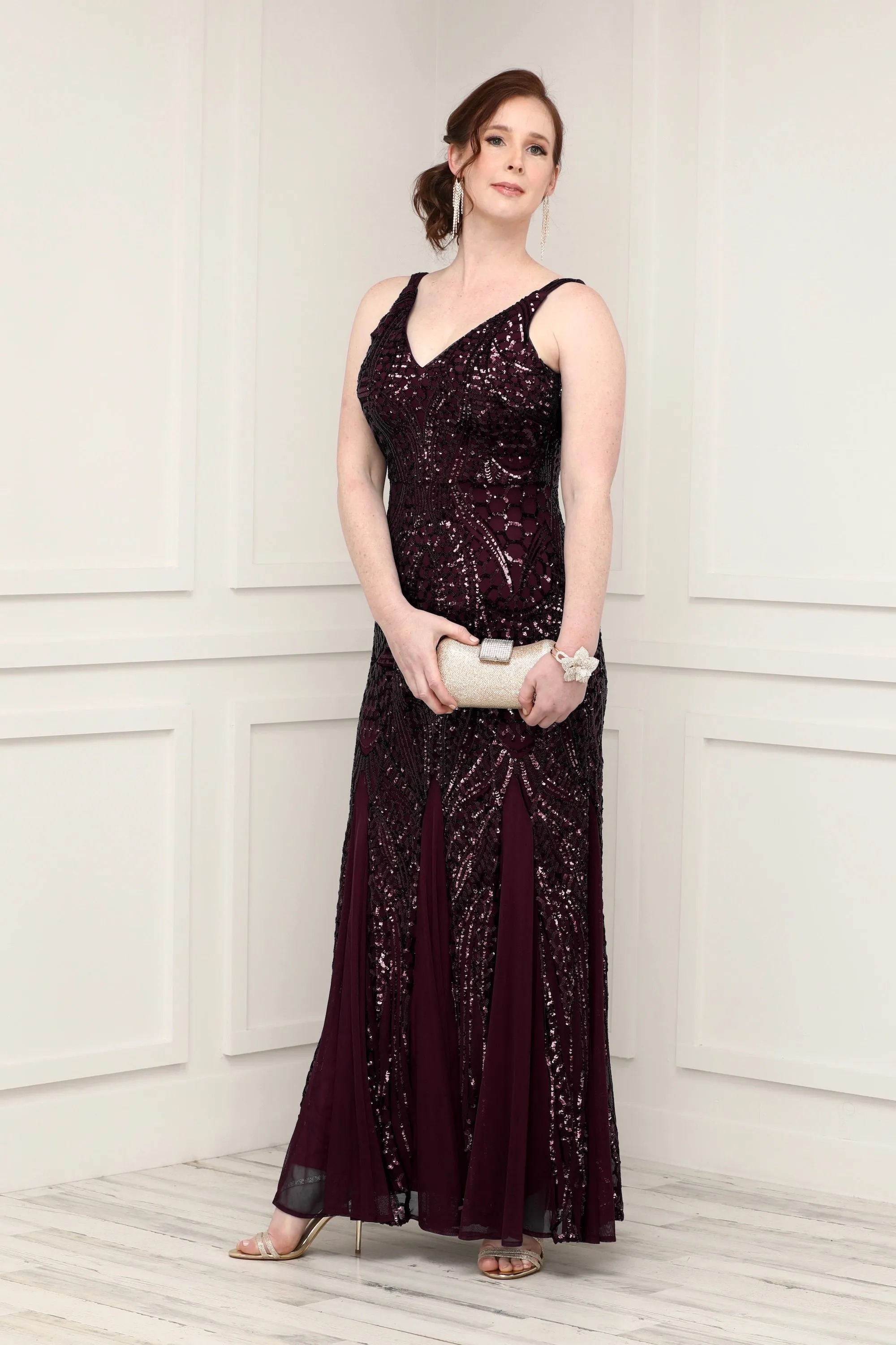 Nightway Sleeveless  Sequin V-neck  Embellished Dress with Godet Pleats