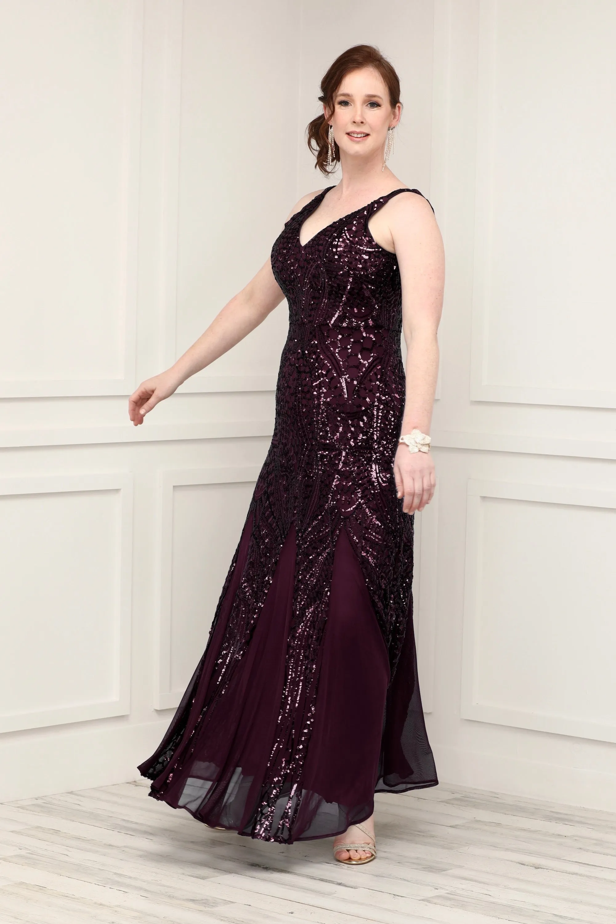 Nightway Sleeveless  Sequin V-neck  Embellished Dress with Godet Pleats