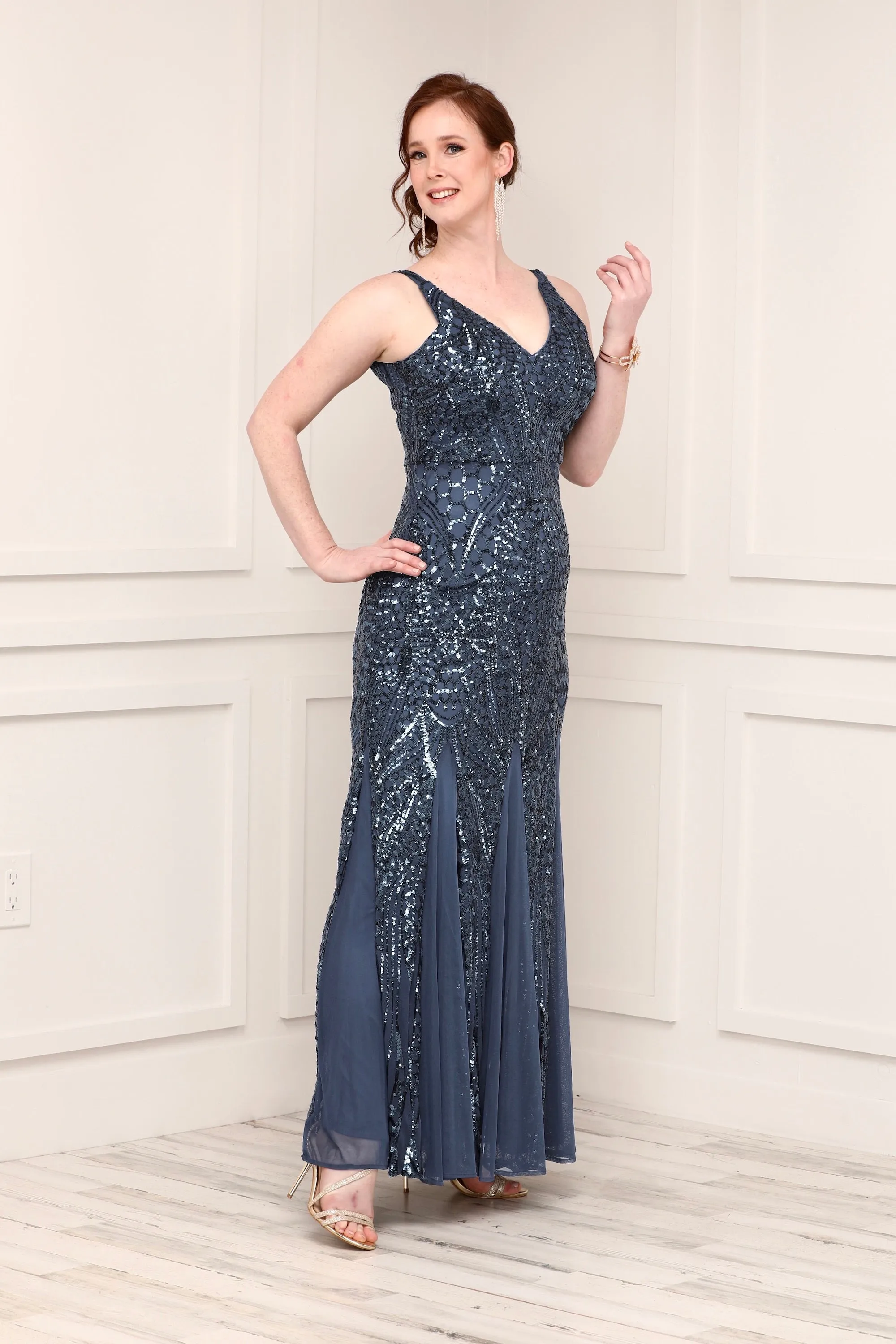 Nightway Sleeveless  Sequin V-neck  Embellished Dress with Godet Pleats