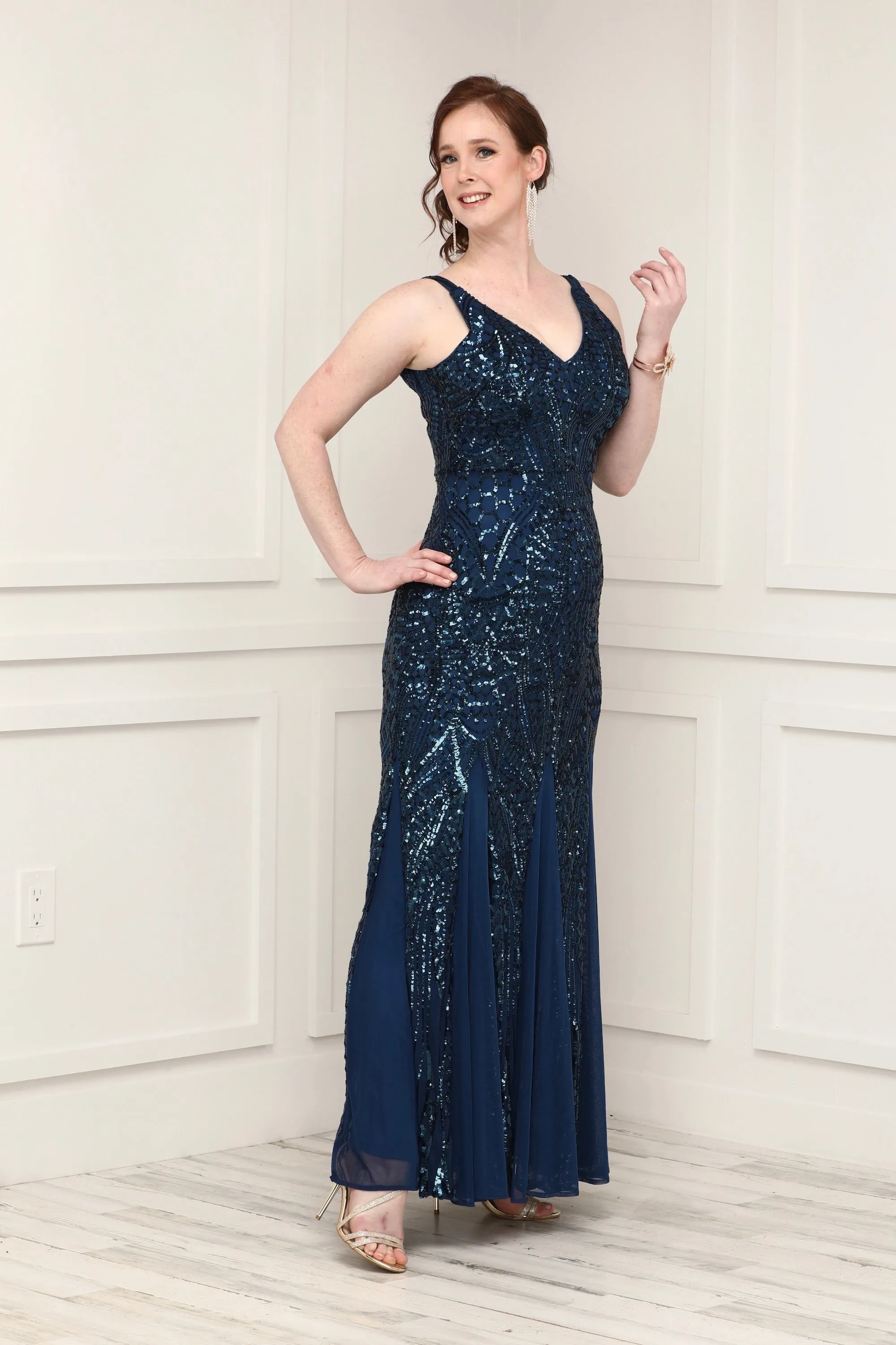 Nightway Sleeveless  Sequin V-neck  Embellished Dress with Godet Pleats