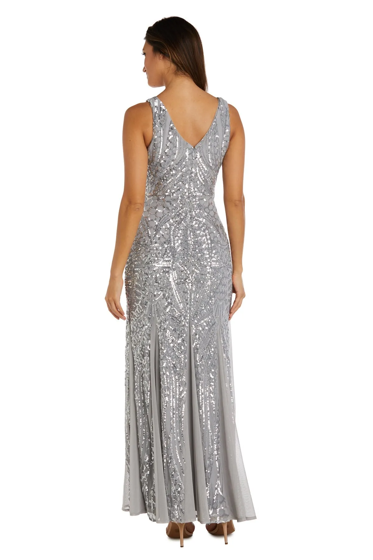 Nightway Sleeveless  Sequin V-neck  Embellished Dress with Godet Pleats