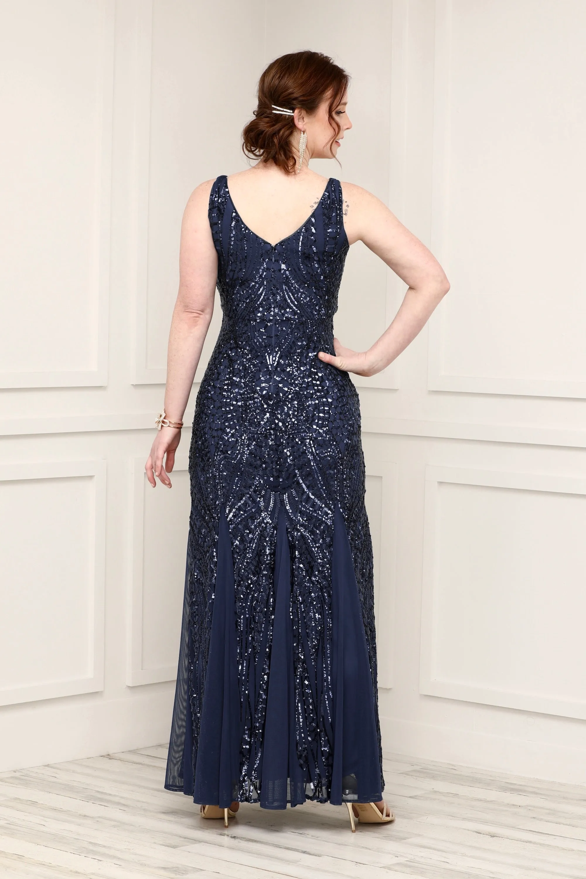 Nightway Sleeveless  Sequin V-neck  Embellished Dress with Godet Pleats
