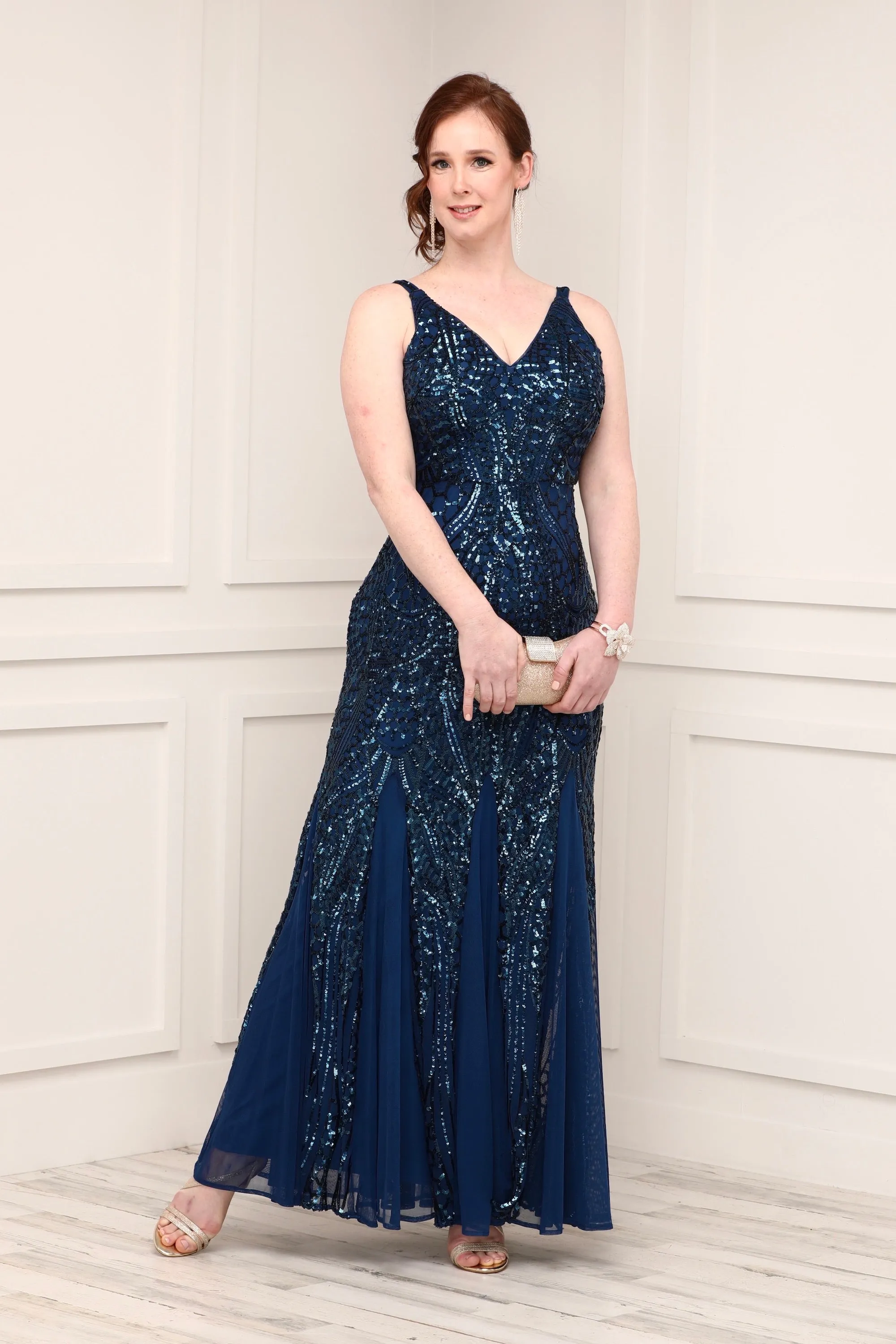 Nightway Sleeveless  Sequin V-neck  Embellished Dress with Godet Pleats