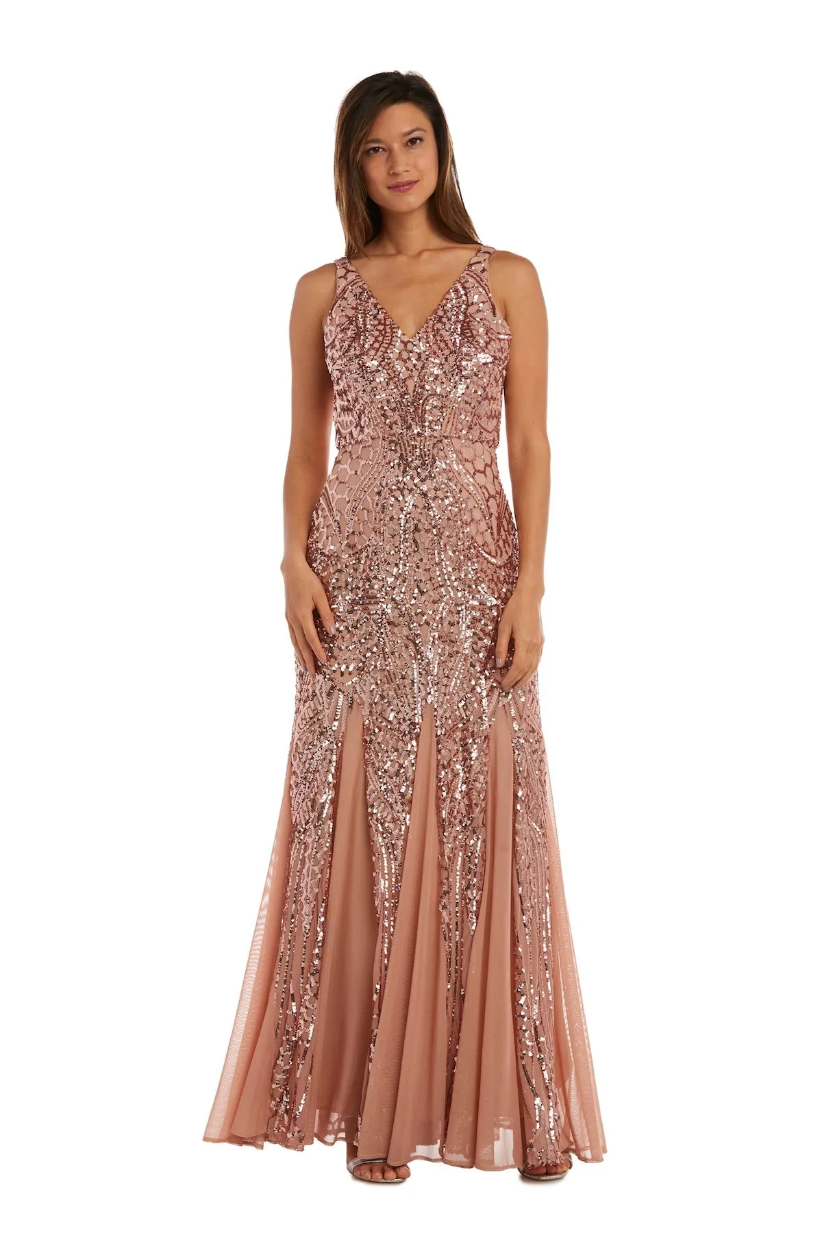 Nightway Sleeveless  Sequin V-neck  Embellished Dress with Godet Pleats