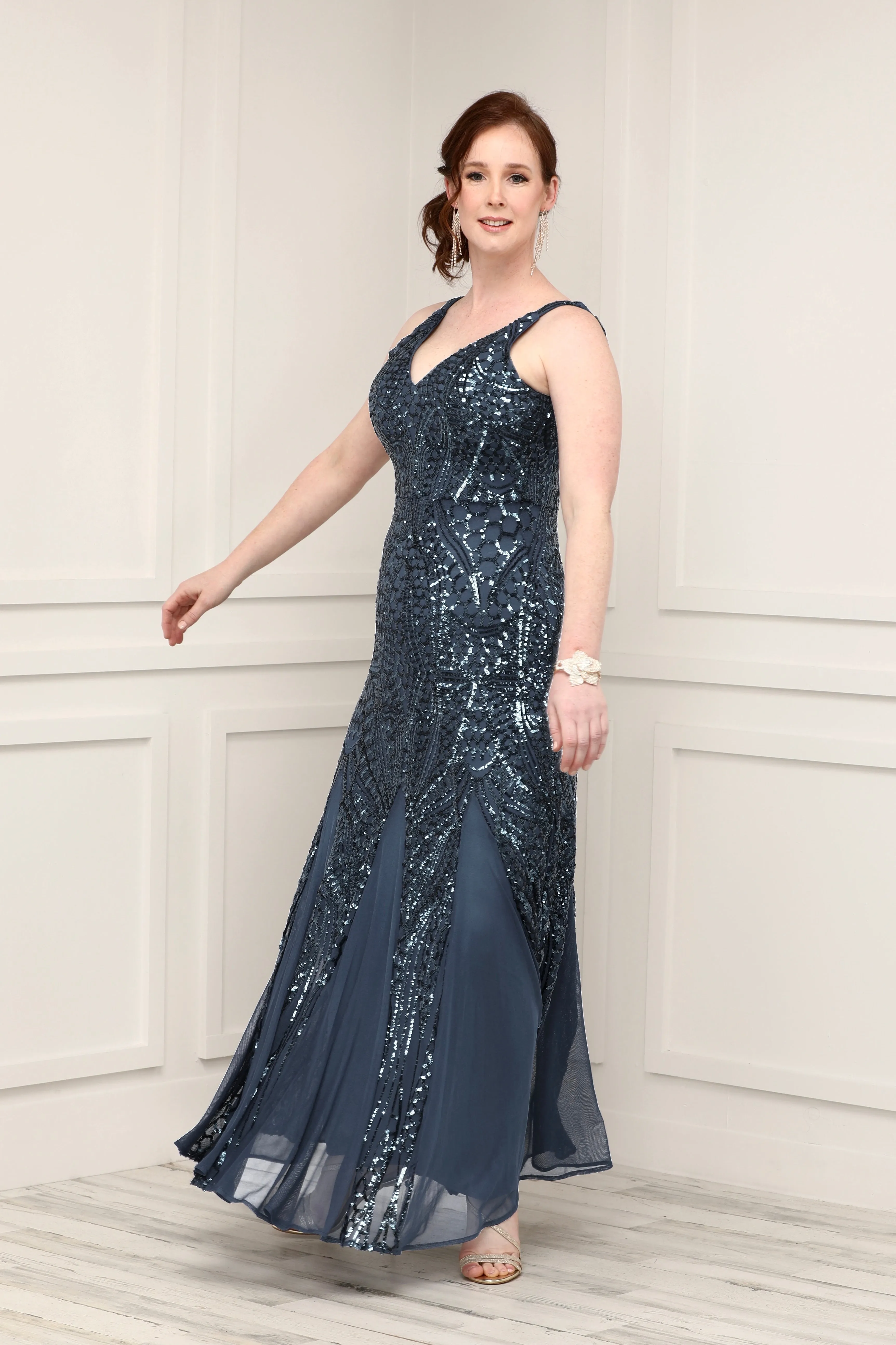 Nightway Sleeveless  Sequin V-neck  Embellished Dress with Godet Pleats