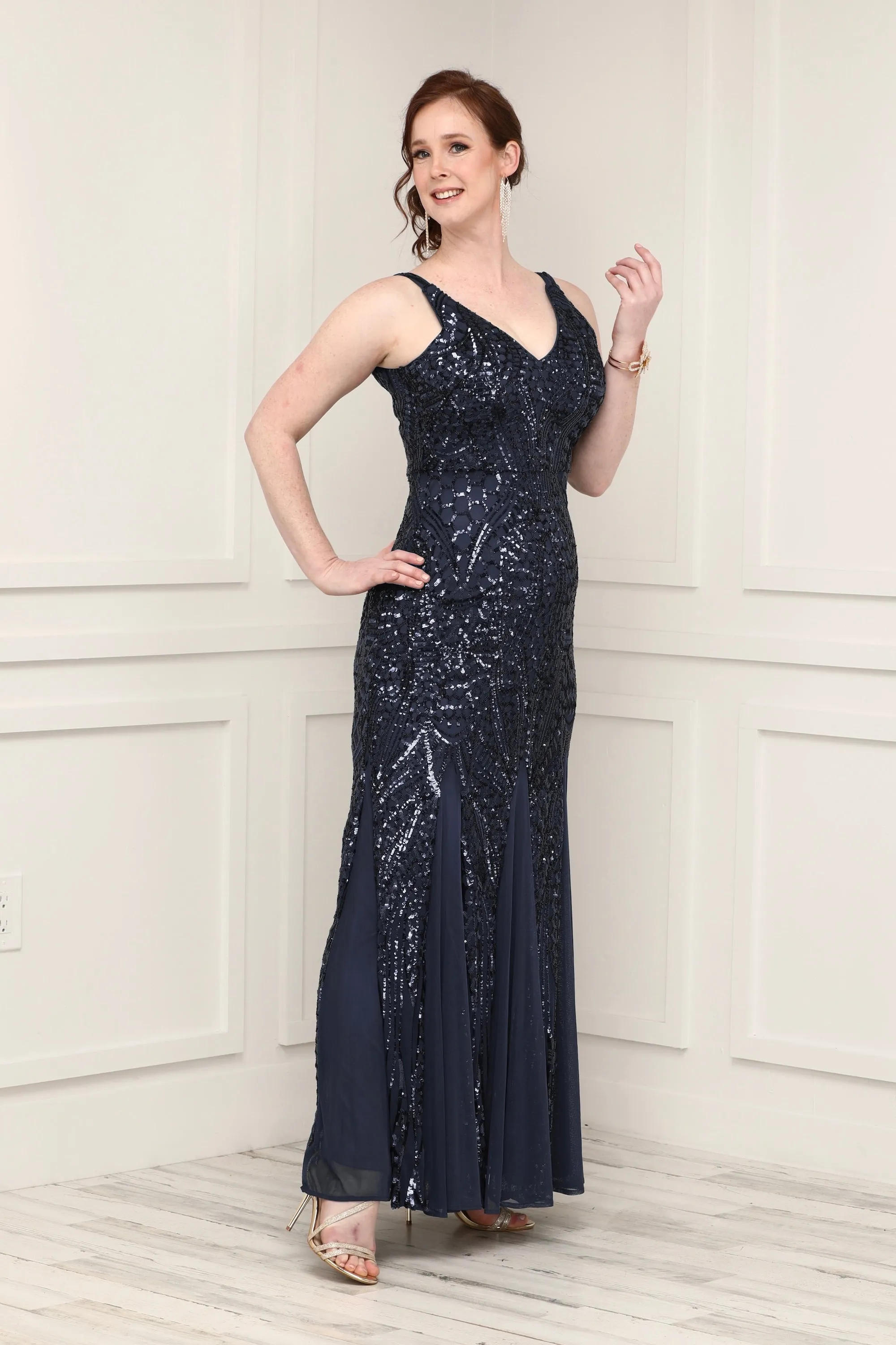 Nightway Sleeveless  Sequin V-neck  Embellished Dress with Godet Pleats