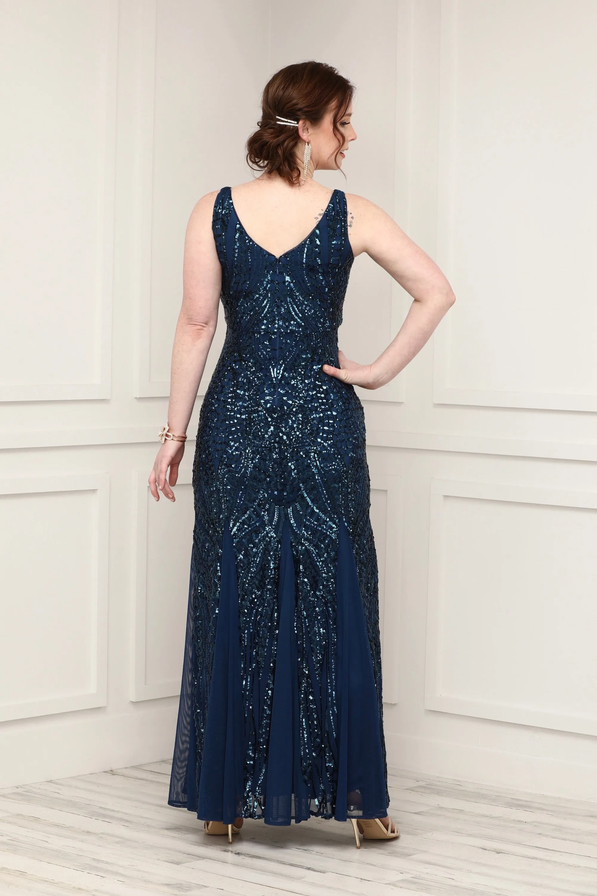 Nightway Sleeveless  Sequin V-neck  Embellished Dress with Godet Pleats