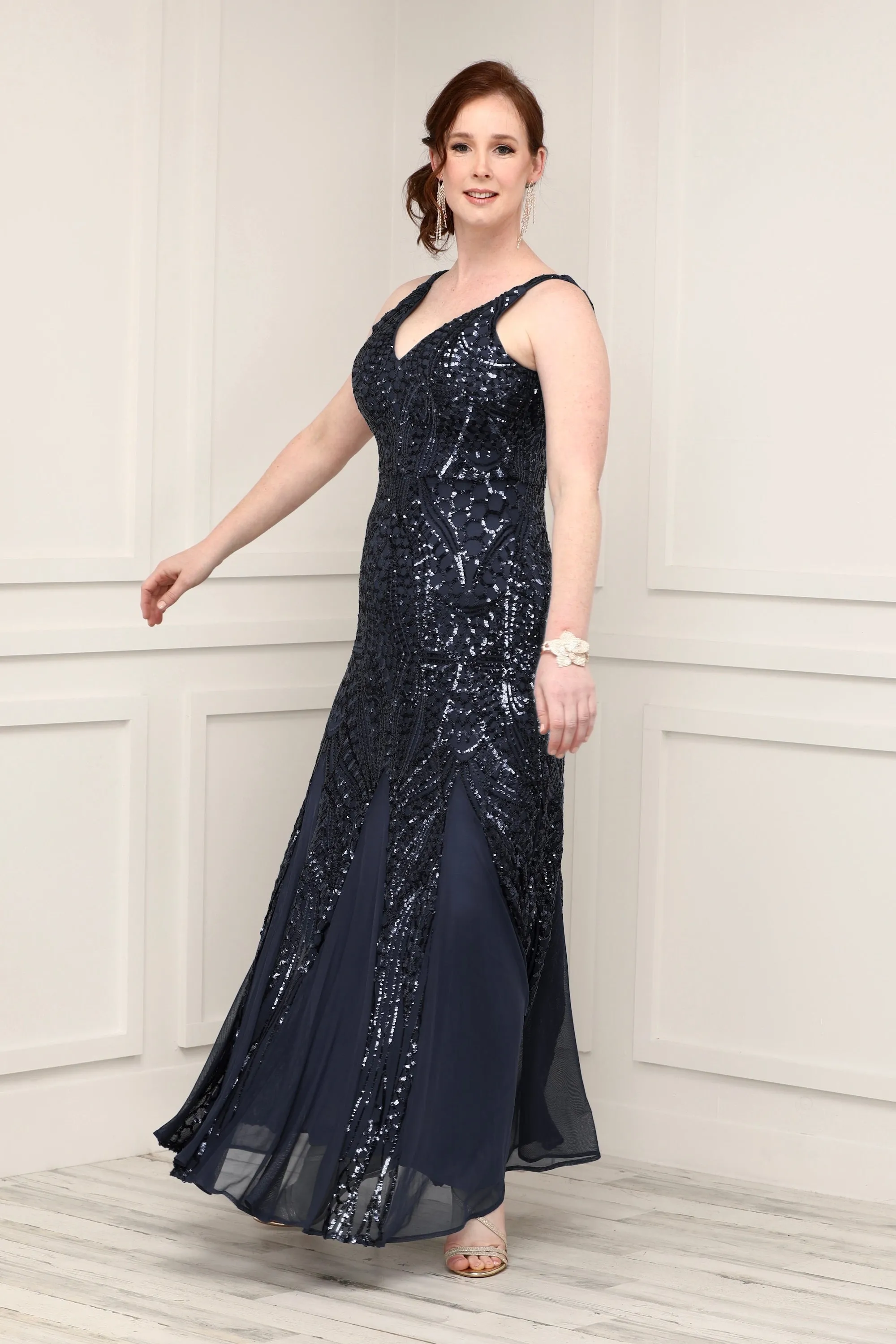 Nightway Sleeveless  Sequin V-neck  Embellished Dress with Godet Pleats