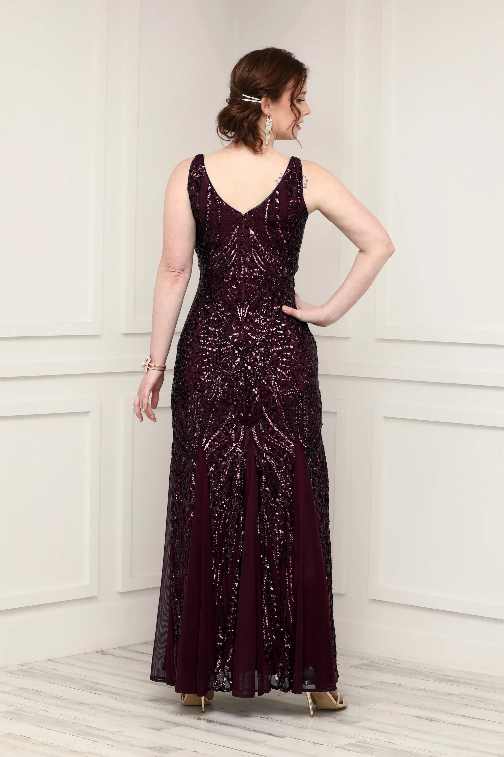 Nightway Sleeveless  Sequin V-neck  Embellished Dress with Godet Pleats