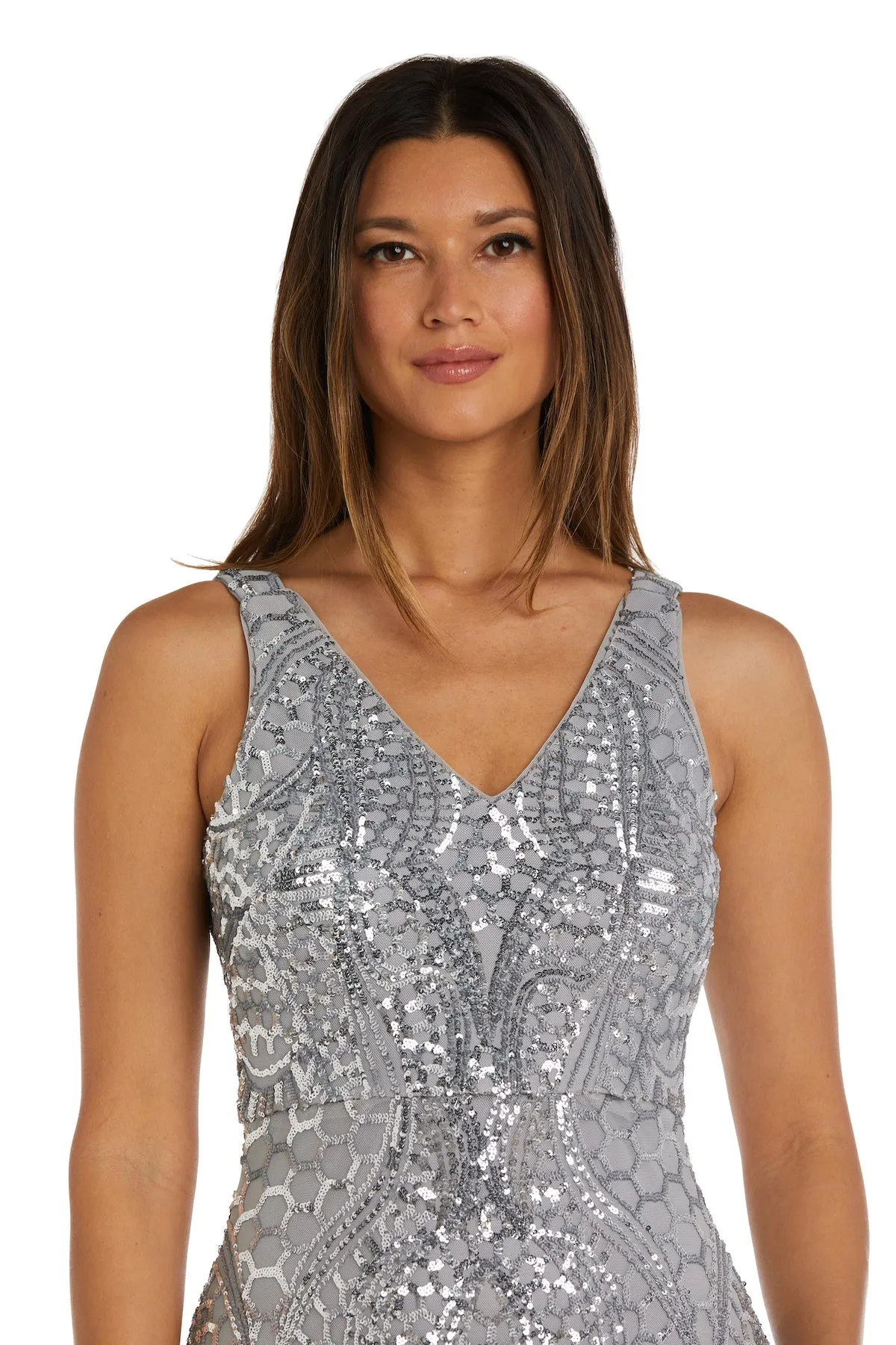 Nightway Sleeveless  Sequin V-neck  Embellished Dress with Godet Pleats