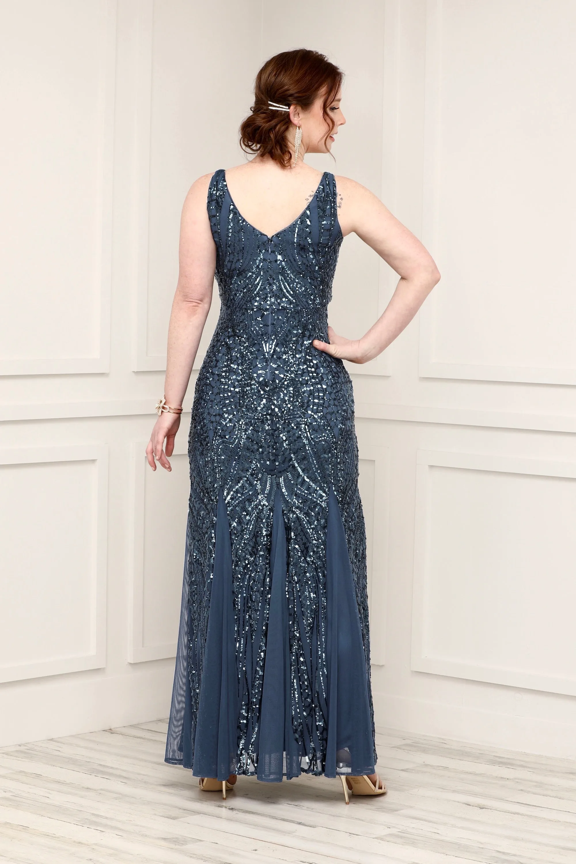 Nightway Sleeveless  Sequin V-neck  Embellished Dress with Godet Pleats