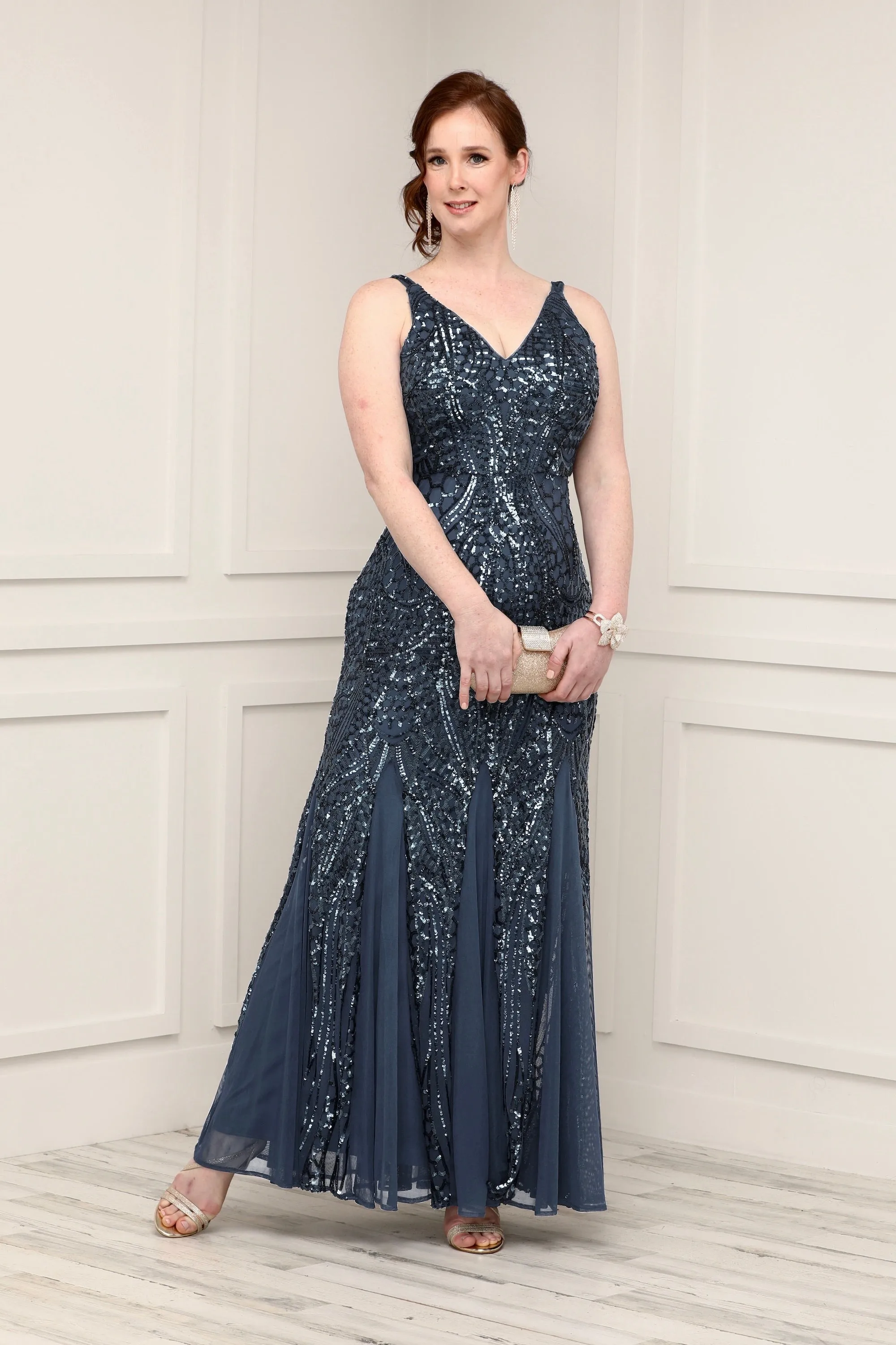 Nightway Sleeveless  Sequin V-neck  Embellished Dress with Godet Pleats