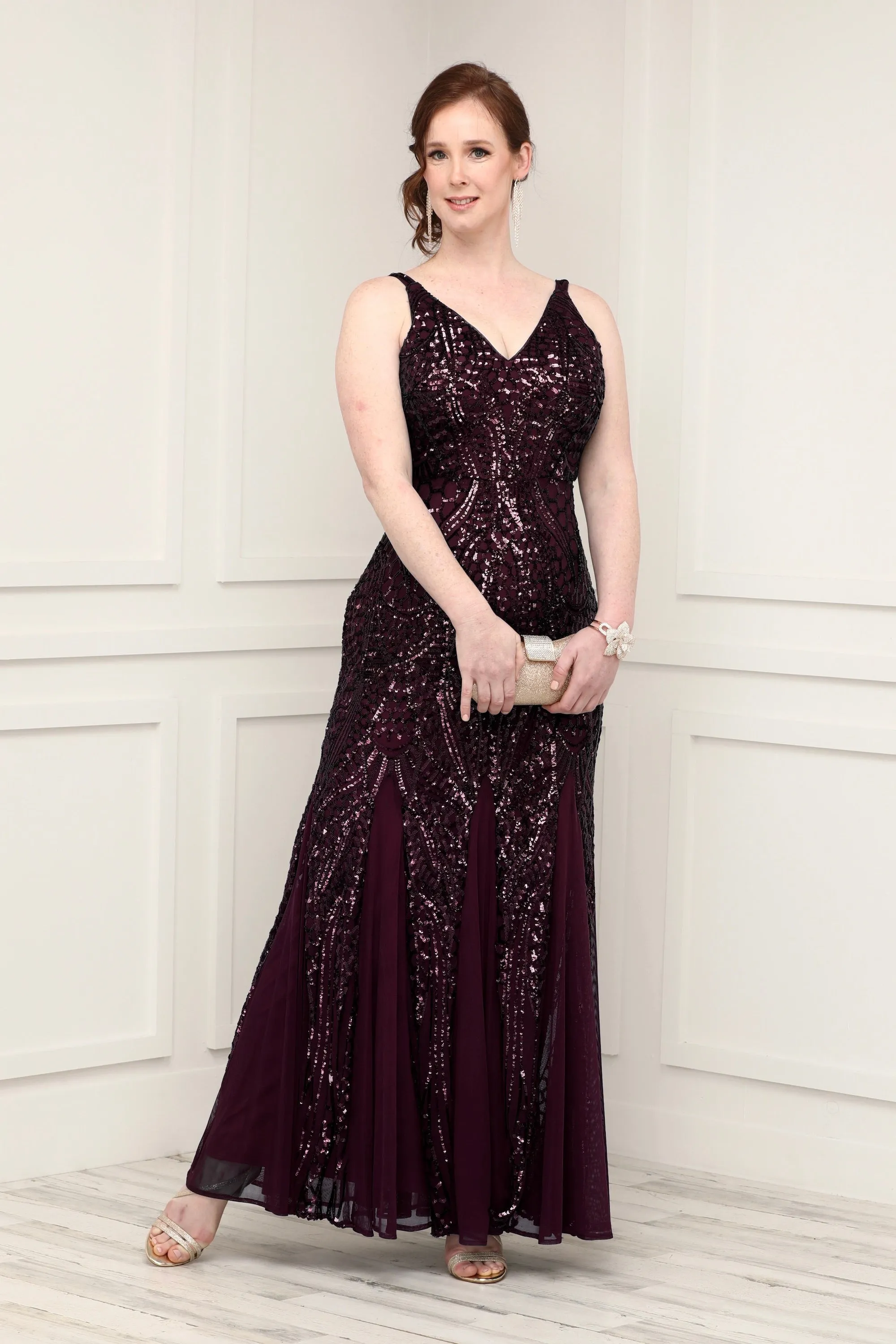 Nightway Sleeveless  Sequin V-neck  Embellished Dress with Godet Pleats