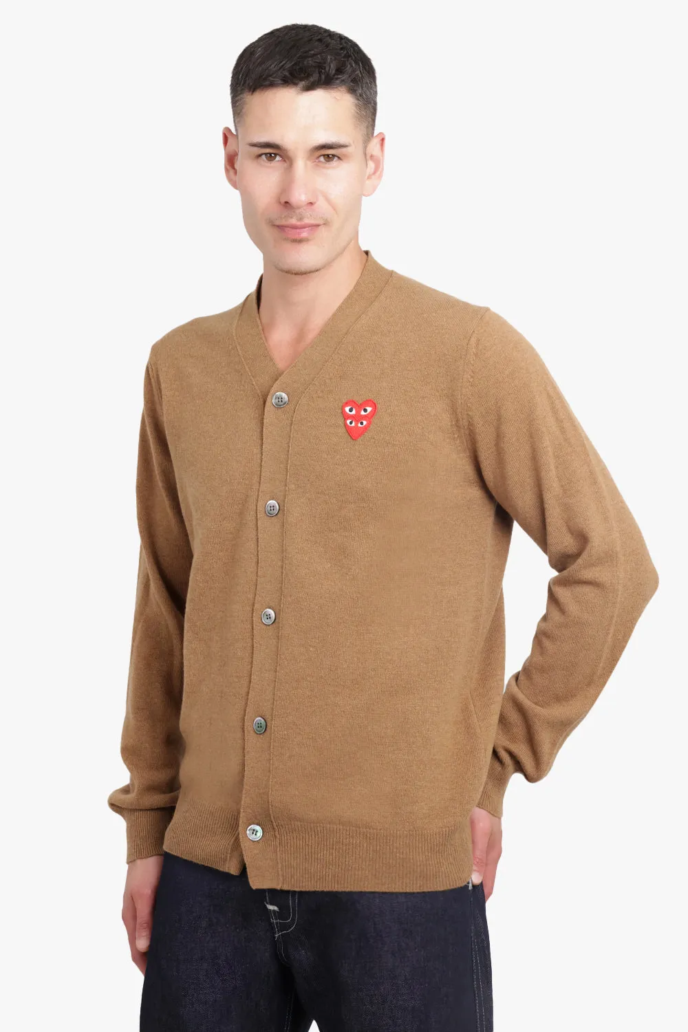 PLAY MENS V-NECK DOUBLE HEART CARDIGAN  | BROWN/RED HEARTS