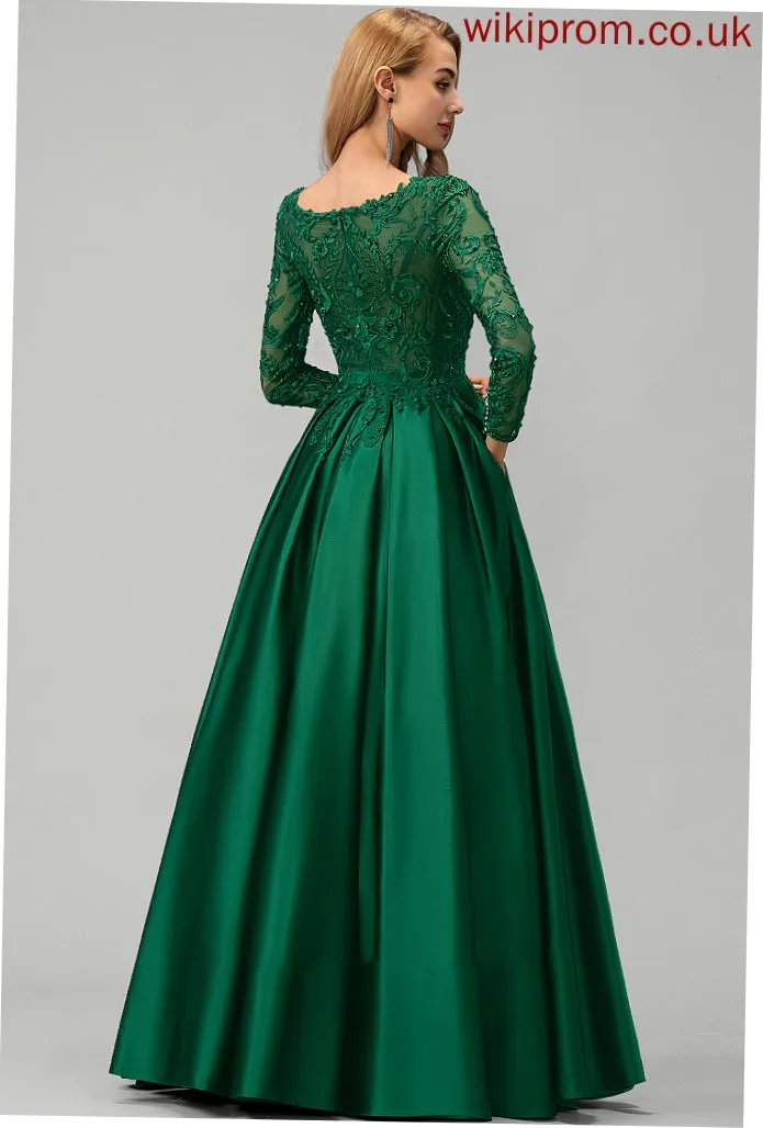 Pockets Sequins Floor-Length Prom Dresses Campbell Lace Satin Beading Ball-Gown/Princess With V-neck