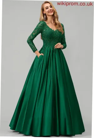 Pockets Sequins Floor-Length Prom Dresses Campbell Lace Satin Beading Ball-Gown/Princess With V-neck