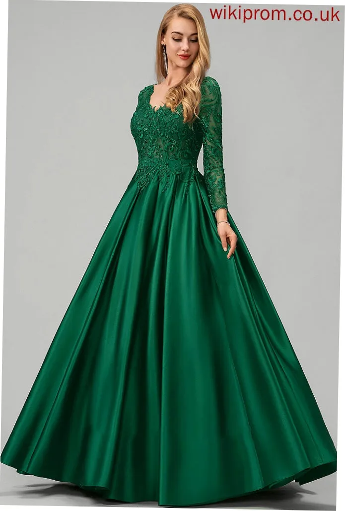 Pockets Sequins Floor-Length Prom Dresses Campbell Lace Satin Beading Ball-Gown/Princess With V-neck