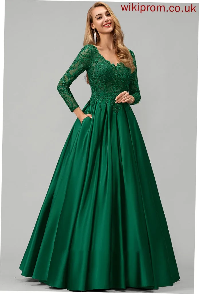 Pockets Sequins Floor-Length Prom Dresses Campbell Lace Satin Beading Ball-Gown/Princess With V-neck