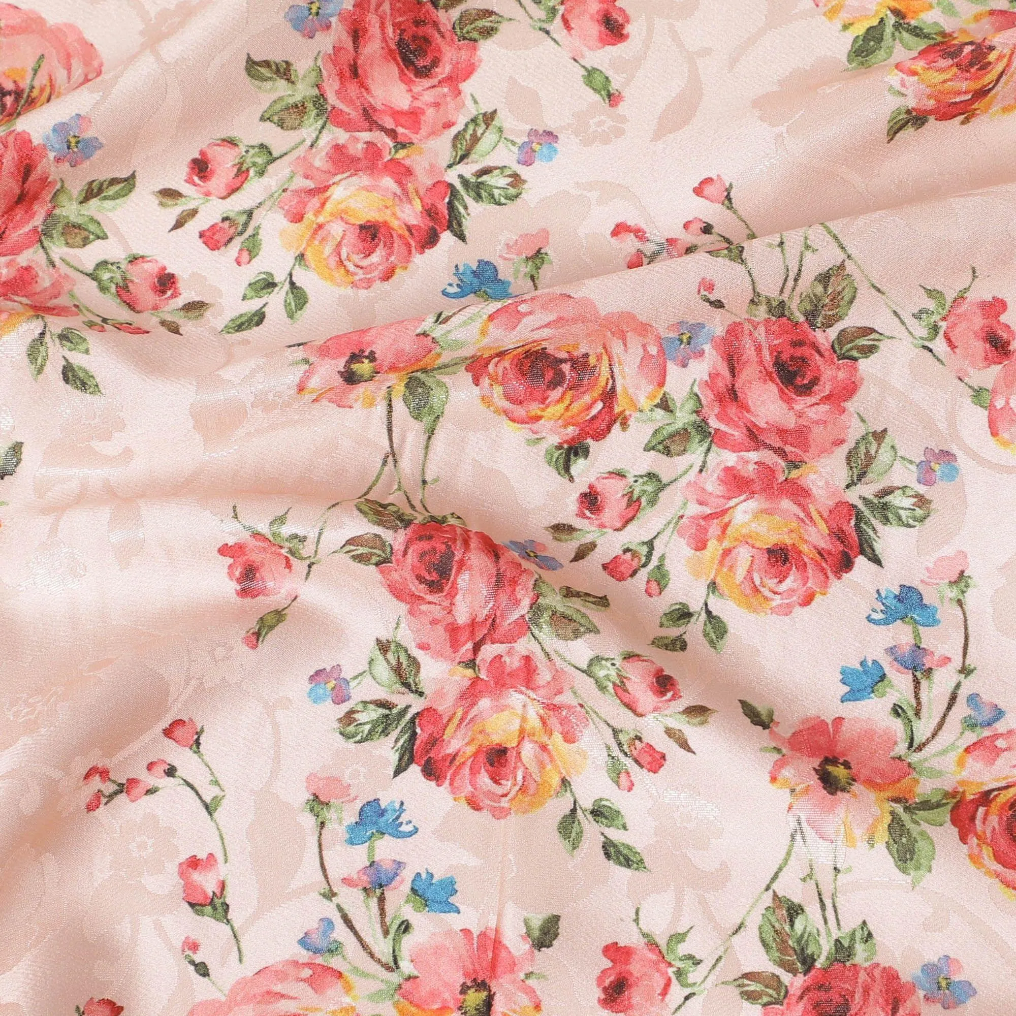 Salmon peach Premium pure silk crepe fabric with same tone jacquard having multicolor print in floral design-D15730