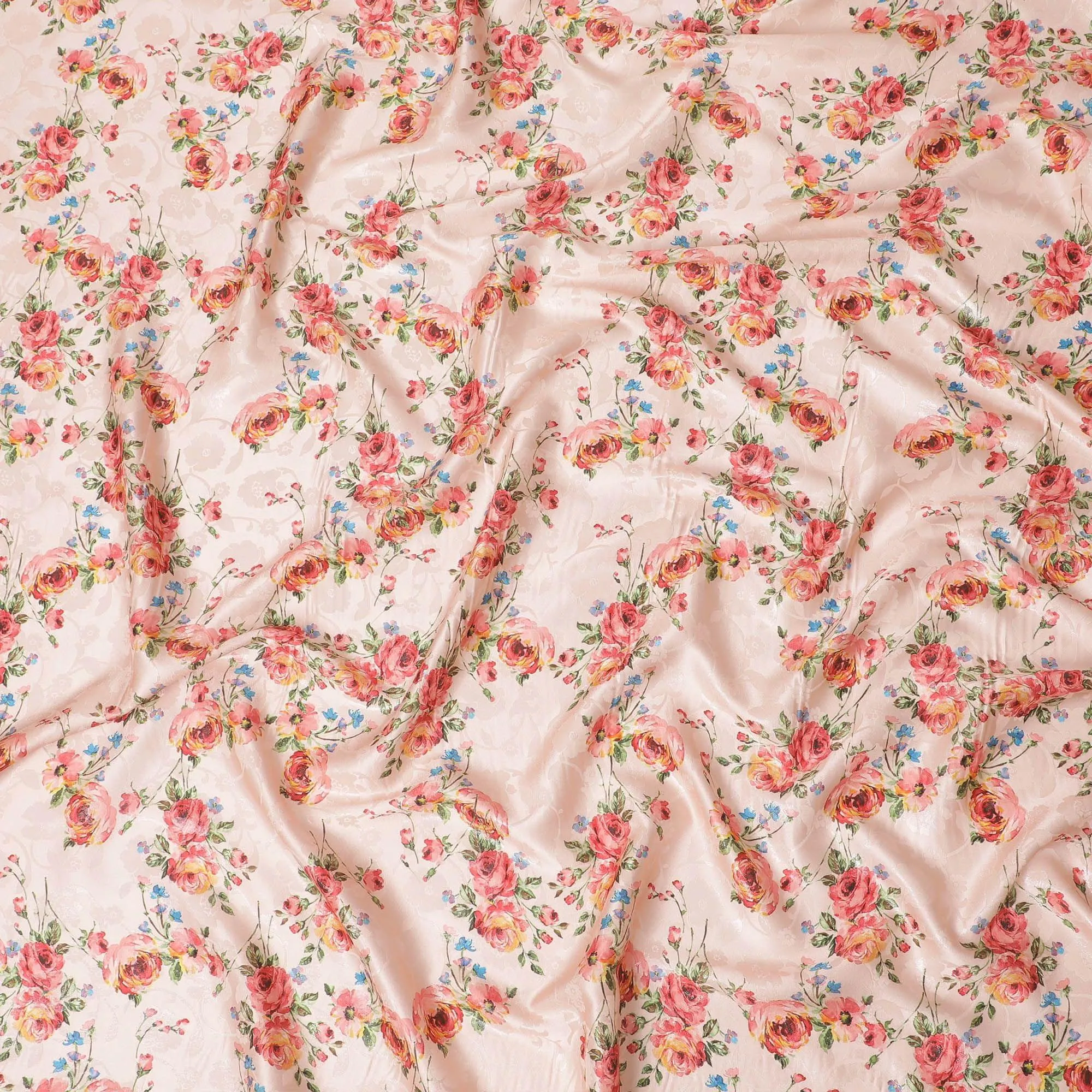 Salmon peach Premium pure silk crepe fabric with same tone jacquard having multicolor print in floral design-D15730