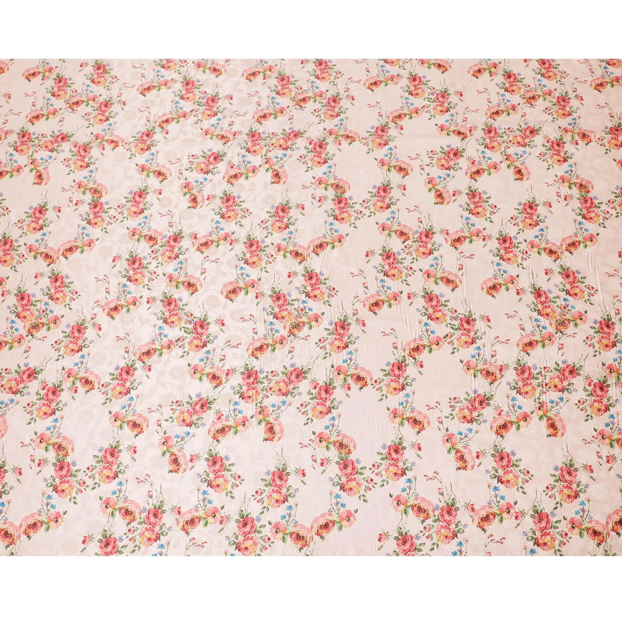 Salmon peach Premium pure silk crepe fabric with same tone jacquard having multicolor print in floral design-D15730