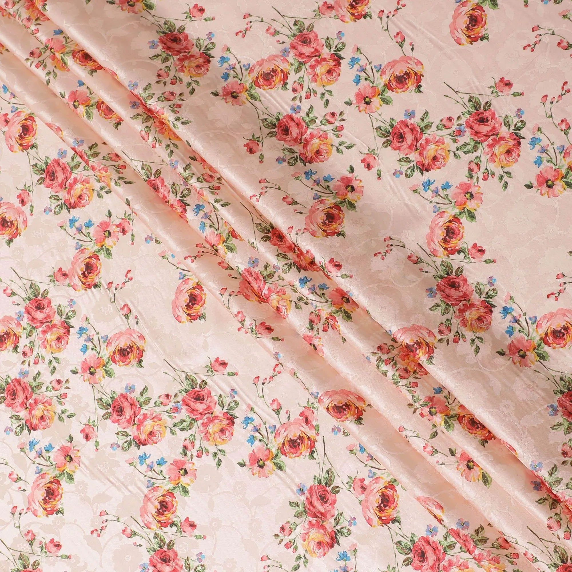 Salmon peach Premium pure silk crepe fabric with same tone jacquard having multicolor print in floral design-D15730