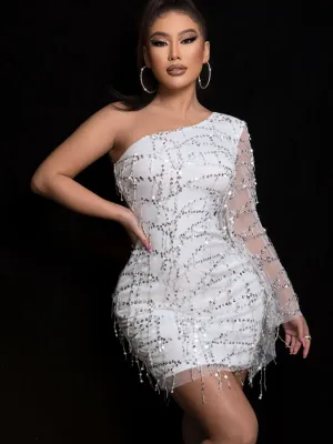 Sequin One Shoulder Mesh Sleeve Dress