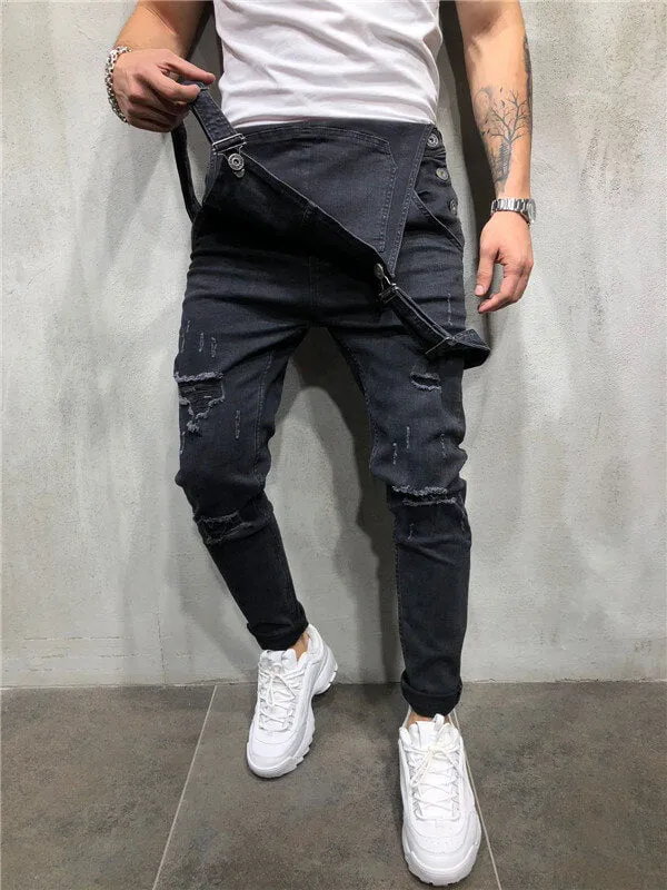 Slim Fit Men's Overall Jumpsuit Ripped Denim Dungarees Jeans