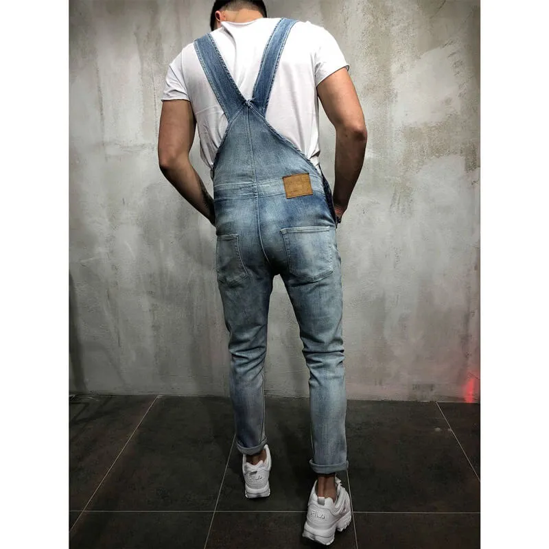 Slim Fit Men's Overall Jumpsuit Ripped Denim Dungarees Jeans