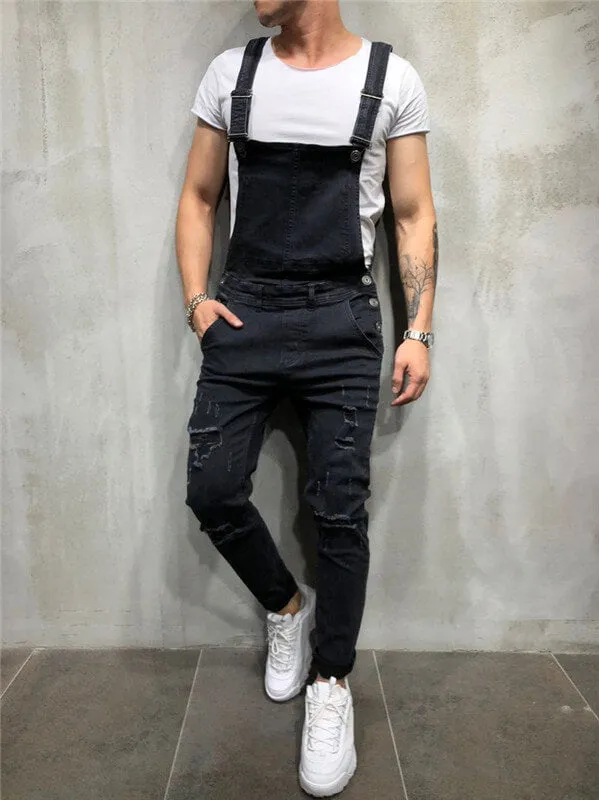 Slim Fit Men's Overall Jumpsuit Ripped Denim Dungarees Jeans