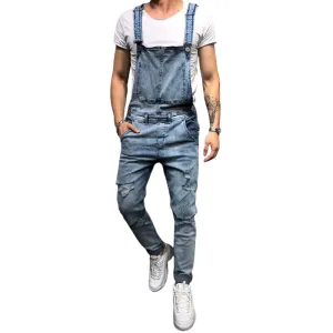 Slim Fit Men's Overall Jumpsuit Ripped Denim Dungarees Jeans