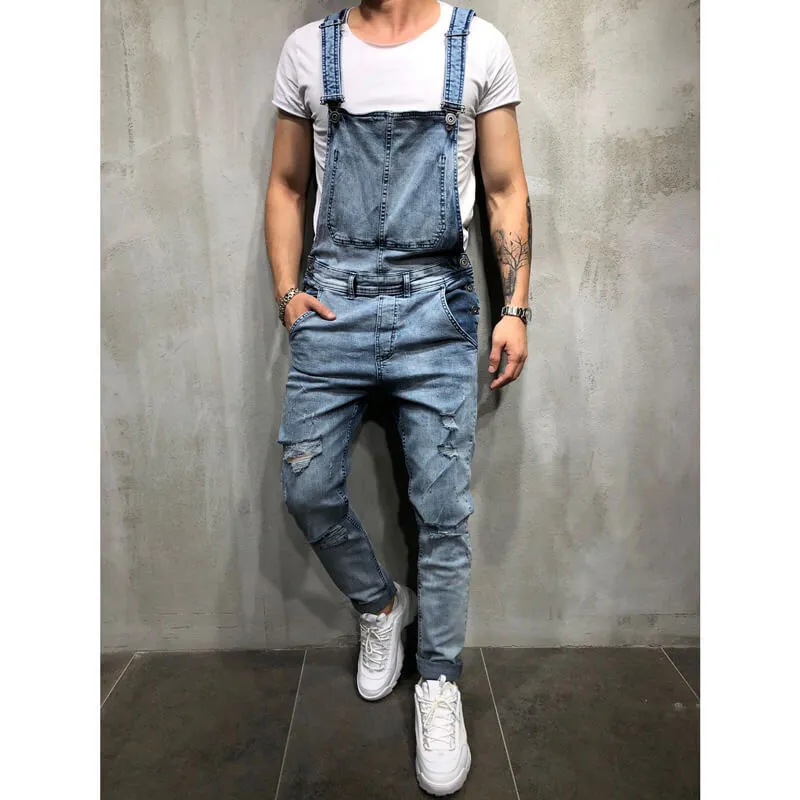 Slim Fit Men's Overall Jumpsuit Ripped Denim Dungarees Jeans