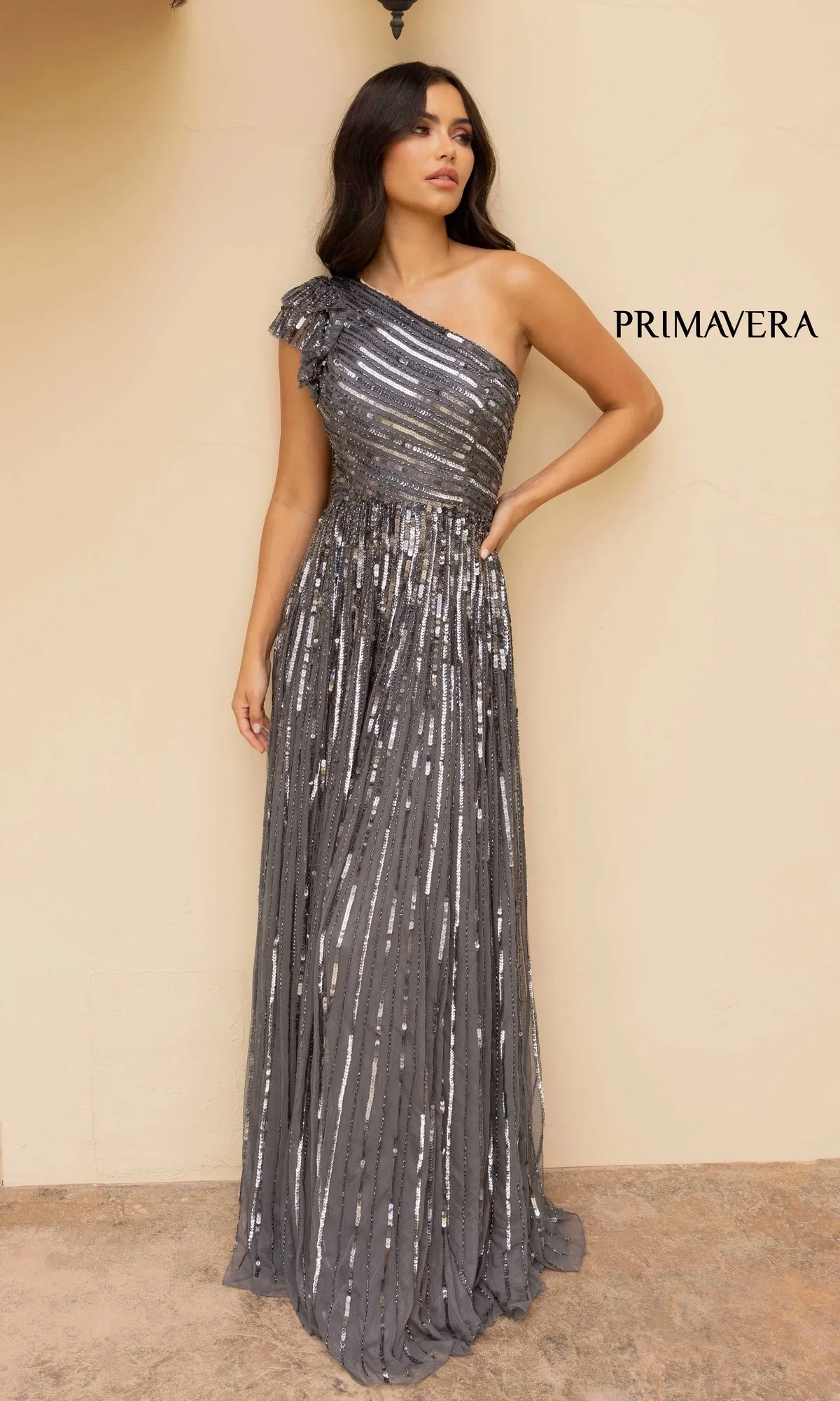 Strappy One-Shoulder Long Sequin Formal Dress 12009