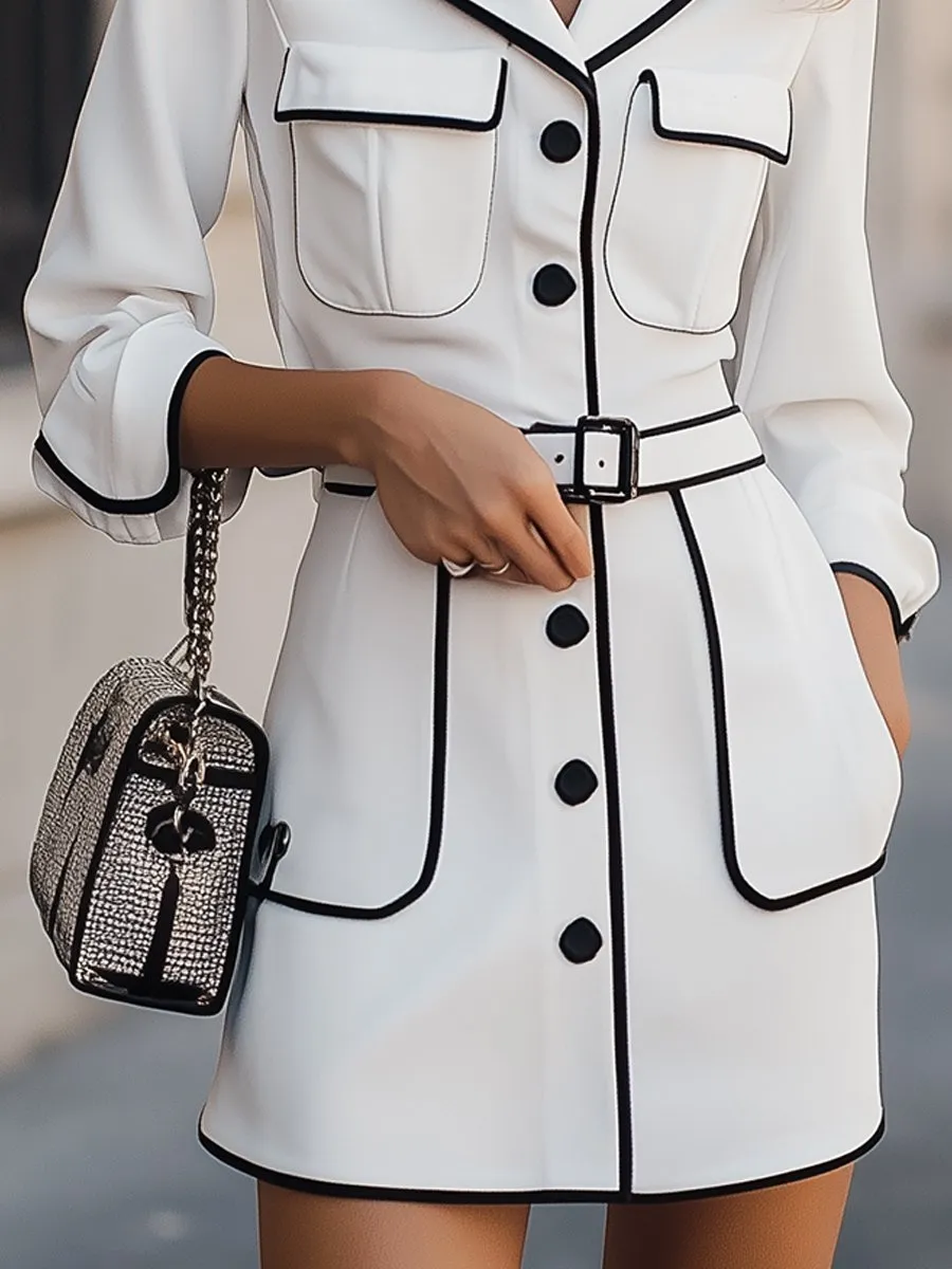 White Belted Mini Shirt Dress with Black Trim